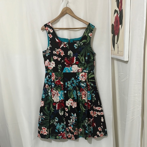 Jessica 97% Cotton Black Floral Sleeveless Pleated Skirt Dress a320 - Picture 1 of 4